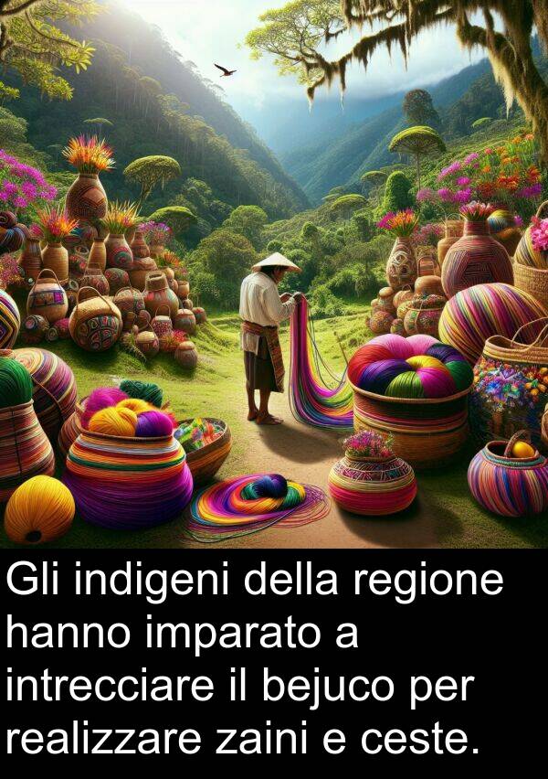 zaini: Gli indigeni della regione hanno imparato a intrecciare il bejuco per realizzare zaini e ceste.