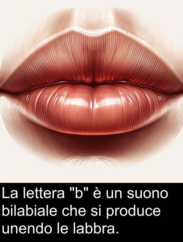 produce: La lettera "b" è un suono bilabiale che si produce unendo le labbra.