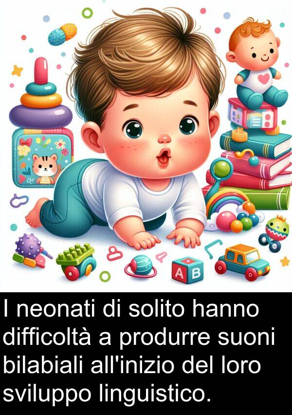 solito: I neonati di solito hanno difficoltà a produrre suoni bilabiali all'inizio del loro sviluppo linguistico.