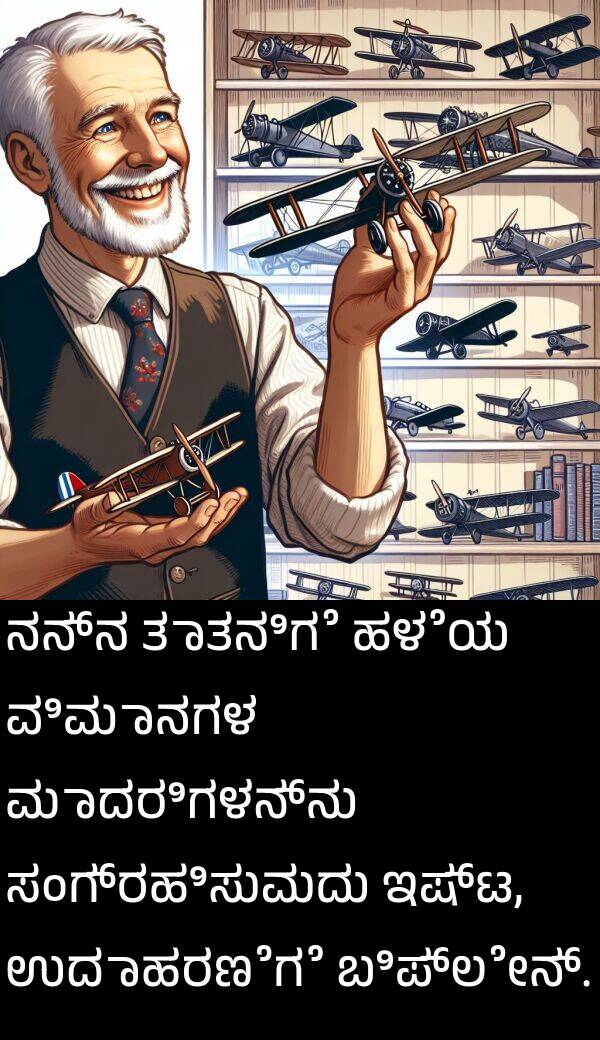 ಉದಾಹರಣೆಗೆ: ನನ್ನ ತಾತನಿಗೆ ಹಳೆಯ ವಿಮಾನಗಳ ಮಾದರಿಗಳನ್ನು ಸಂಗ್ರಹಿಸುವುದು ಇಷ್ಟ, ಉದಾಹರಣೆಗೆ ಬಿಪ್ಲೇನ್.
