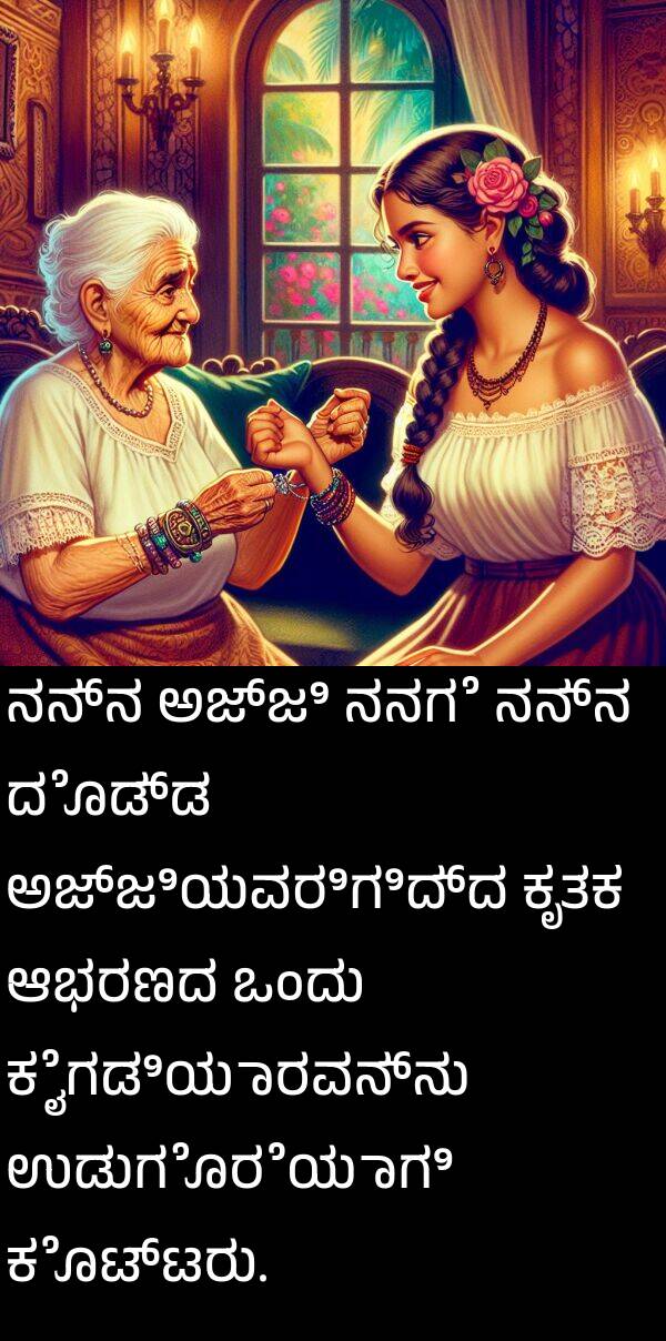 ಕೈಗಡಿಯಾರವನ್ನು: ನನ್ನ ಅಜ್ಜಿ ನನಗೆ ನನ್ನ ದೊಡ್ಡ ಅಜ್ಜಿಯವರಿಗಿದ್ದ ಕೃತಕ ಆಭರಣದ ಒಂದು ಕೈಗಡಿಯಾರವನ್ನು ಉಡುಗೊರೆಯಾಗಿ ಕೊಟ್ಟರು.