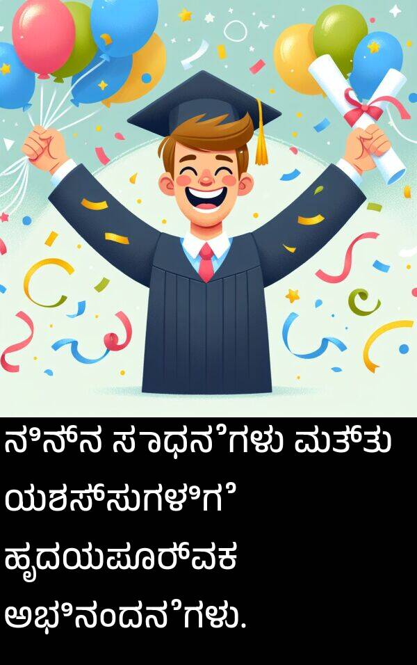ನಿನ್ನ: ನಿನ್ನ ಸಾಧನೆಗಳು ಮತ್ತು ಯಶಸ್ಸುಗಳಿಗೆ ಹೃದಯಪೂರ್ವಕ ಅಭಿನಂದನೆಗಳು.