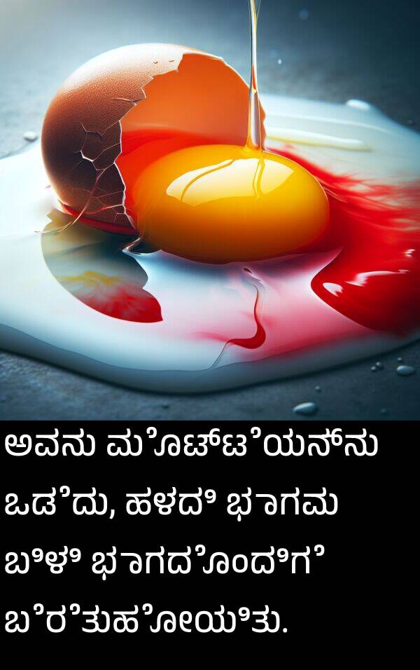ಭಾಗವು: ಅವನು ಮೊಟ್ಟೆಯನ್ನು ಒಡೆದು, ಹಳದಿ ಭಾಗವು ಬಿಳಿ ಭಾಗದೊಂದಿಗೆ ಬೆರೆತುಹೋಯಿತು.