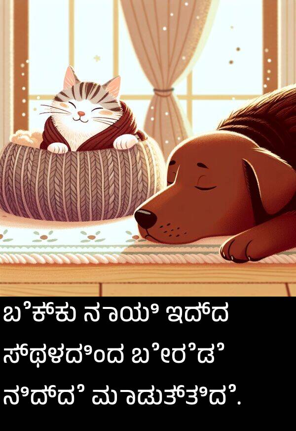 ಇದ್ದ: ಬೆಕ್ಕು ನಾಯಿ ಇದ್ದ ಸ್ಥಳದಿಂದ ಬೇರೆಡೆ ನಿದ್ದೆ ಮಾಡುತ್ತಿದೆ.