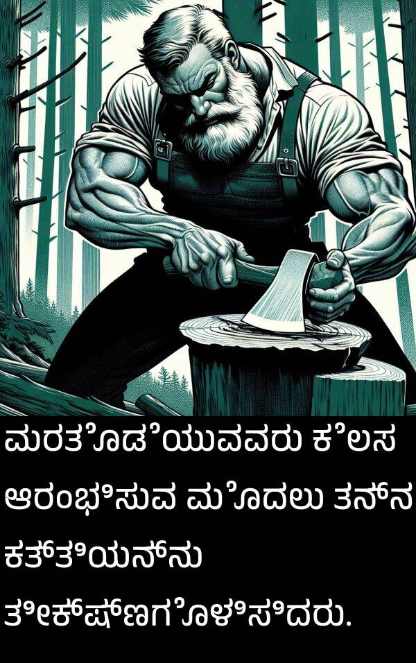 ಆರಂಭಿಸುವ: ಮರತೊಡೆಯುವವರು ಕೆಲಸ ಆರಂಭಿಸುವ ಮೊದಲು ತನ್ನ ಕತ್ತಿಯನ್ನು ತೀಕ್ಷ್ಣಗೊಳಿಸಿದರು.
