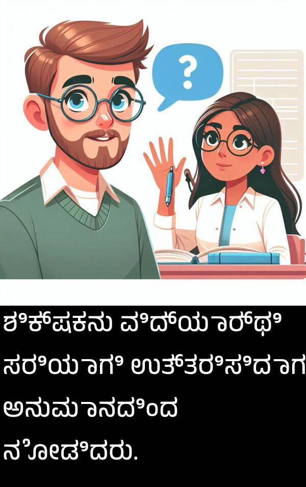 ಶಿಕ್ಷಕನು: ಶಿಕ್ಷಕನು ವಿದ್ಯಾರ್ಥಿ ಸರಿಯಾಗಿ ಉತ್ತರಿಸಿದಾಗ ಅನುಮಾನದಿಂದ ನೋಡಿದರು.