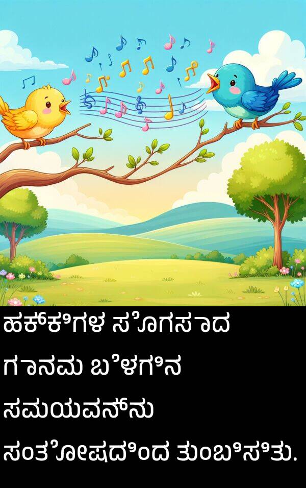 ಗಾನವು: ಹಕ್ಕಿಗಳ ಸೊಗಸಾದ ಗಾನವು ಬೆಳಗಿನ ಸಮಯವನ್ನು ಸಂತೋಷದಿಂದ ತುಂಬಿಸಿತು.