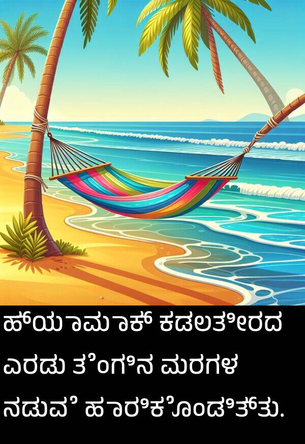 ತೆಂಗಿನ: ಹ್ಯಾಮಾಕ್ ಕಡಲತೀರದ ಎರಡು ತೆಂಗಿನ ಮರಗಳ ನಡುವೆ ಹಾರಿಕೊಂಡಿತ್ತು.
