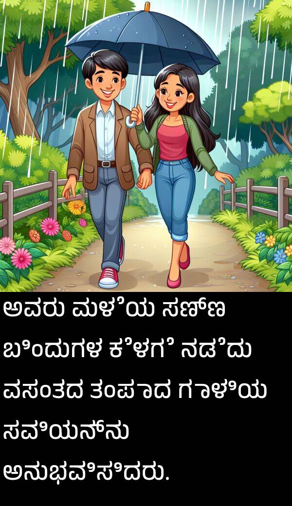 ತಂಪಾದ: ಅವರು ಮಳೆಯ ಸಣ್ಣ ಬಿಂದುಗಳ ಕೆಳಗೆ ನಡೆದು ವಸಂತದ ತಂಪಾದ ಗಾಳಿಯ ಸವಿಯನ್ನು ಅನುಭವಿಸಿದರು.