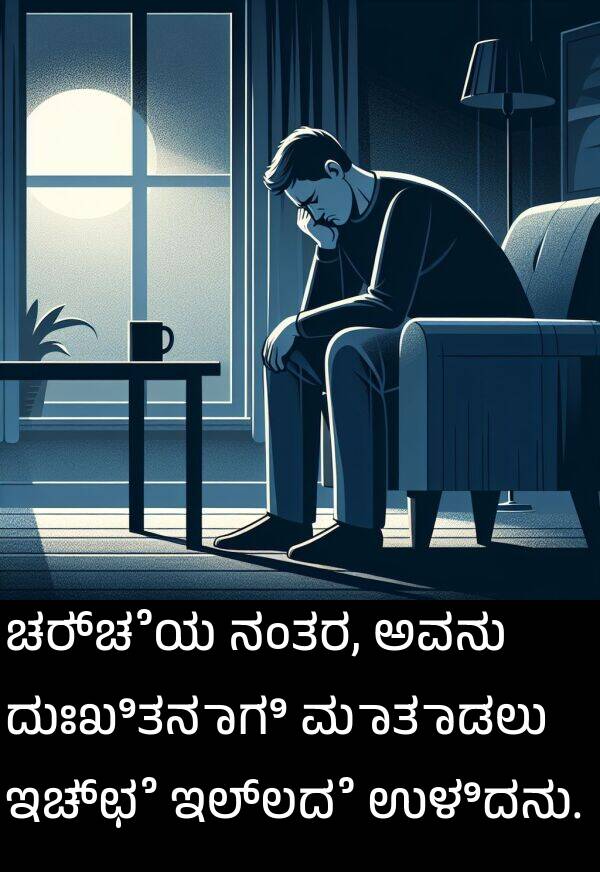 ಇಚ್ಛೆ: ಚರ್ಚೆಯ ನಂತರ, ಅವನು ದುಃಖಿತನಾಗಿ ಮಾತಾಡಲು ಇಚ್ಛೆ ಇಲ್ಲದೆ ಉಳಿದನು.