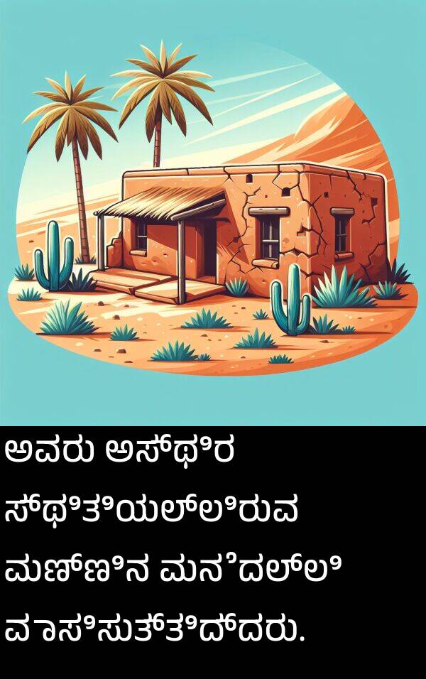ಸ್ಥಿತಿಯಲ್ಲಿರುವ: ಅವರು ಅಸ್ಥಿರ ಸ್ಥಿತಿಯಲ್ಲಿರುವ ಮಣ್ಣಿನ ಮನೆದಲ್ಲಿ ವಾಸಿಸುತ್ತಿದ್ದರು.