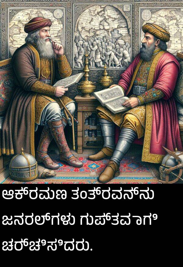 ತಂತ್ರವನ್ನು: ಆಕ್ರಮಣ ತಂತ್ರವನ್ನು ಜನರಲ್‌ಗಳು ಗುಪ್ತವಾಗಿ ಚರ್ಚಿಸಿದರು.