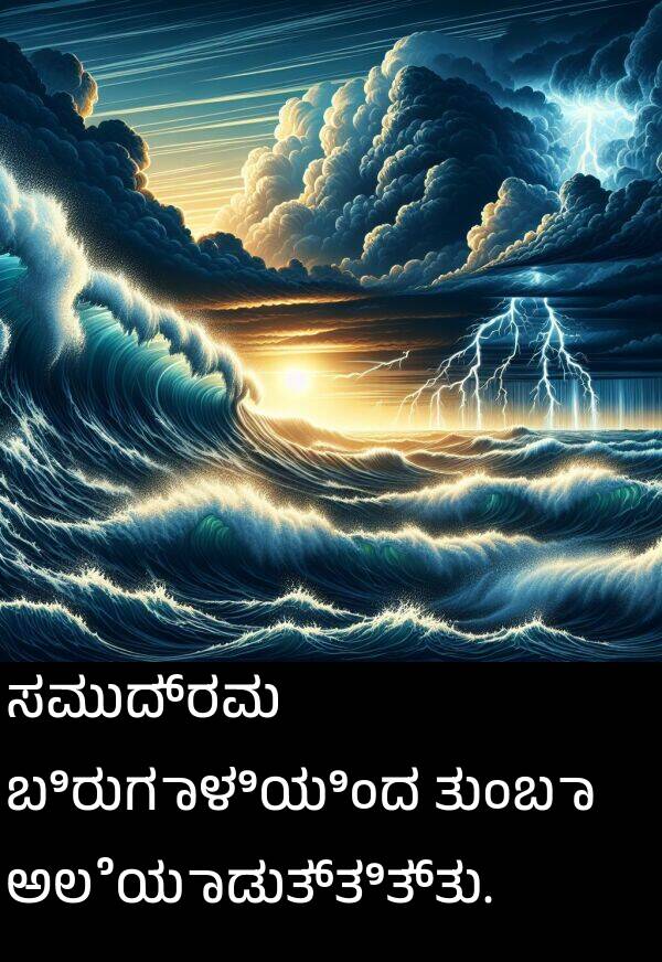 ಬಿರುಗಾಳಿಯಿಂದ: ಸಮುದ್ರವು ಬಿರುಗಾಳಿಯಿಂದ ತುಂಬಾ ಅಲೆಯಾಡುತ್ತಿತ್ತು.