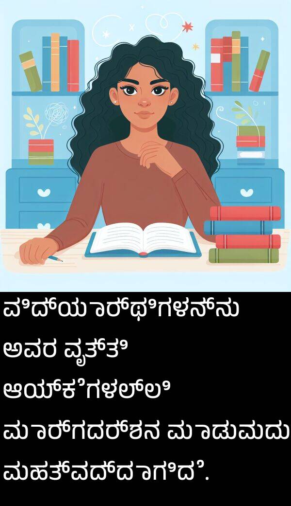 ವಿದ್ಯಾರ್ಥಿಗಳನ್ನು: ವಿದ್ಯಾರ್ಥಿಗಳನ್ನು ಅವರ ವೃತ್ತಿ ಆಯ್ಕೆಗಳಲ್ಲಿ ಮಾರ್ಗದರ್ಶನ ಮಾಡುವುದು ಮಹತ್ವದ್ದಾಗಿದೆ.