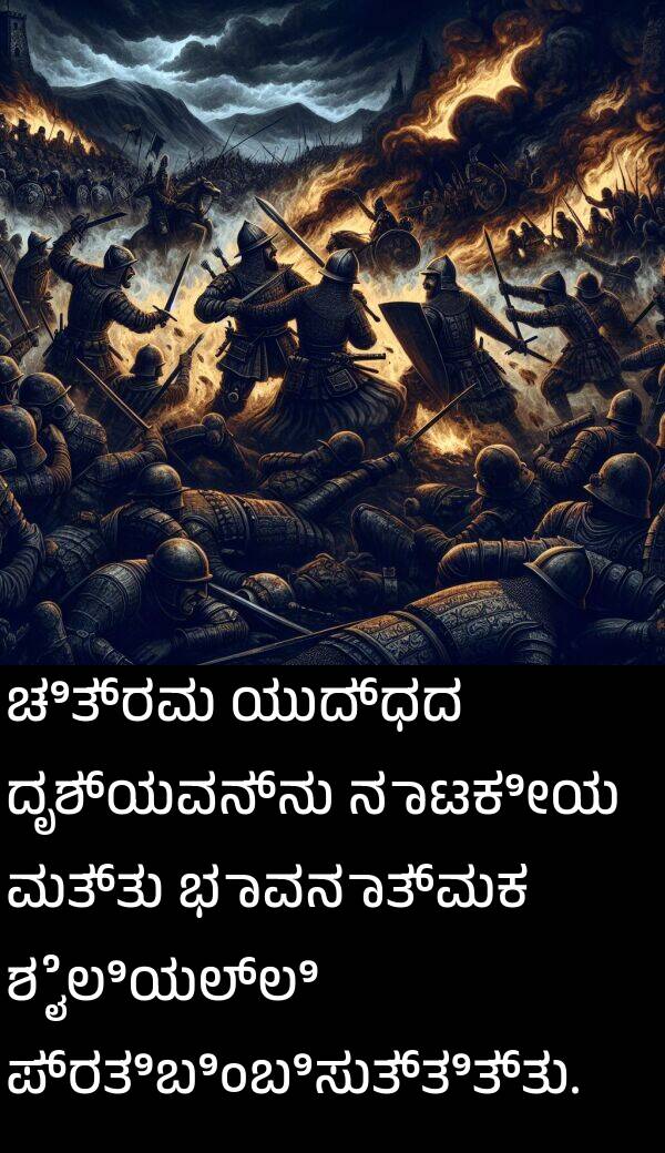ಪ್ರತಿಬಿಂಬಿಸುತ್ತಿತ್ತು: ಚಿತ್ರವು ಯುದ್ಧದ ದೃಶ್ಯವನ್ನು ನಾಟಕೀಯ ಮತ್ತು ಭಾವನಾತ್ಮಕ ಶೈಲಿಯಲ್ಲಿ ಪ್ರತಿಬಿಂಬಿಸುತ್ತಿತ್ತು.
