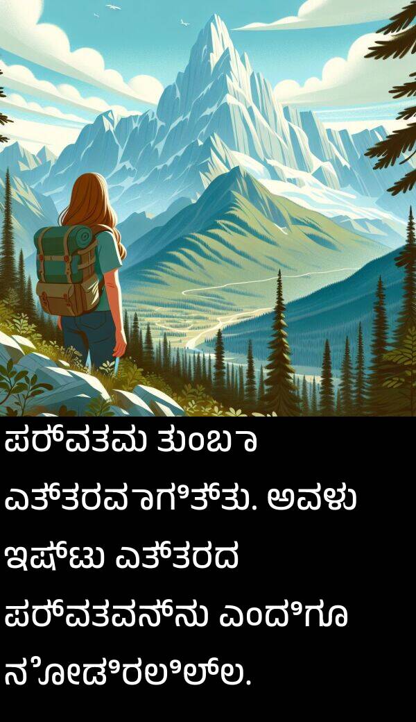 ನೋಡಿರಲಿಲ್ಲ: ಪರ್ವತವು ತುಂಬಾ ಎತ್ತರವಾಗಿತ್ತು. ಅವಳು ಇಷ್ಟು ಎತ್ತರದ ಪರ್ವತವನ್ನು ಎಂದಿಗೂ ನೋಡಿರಲಿಲ್ಲ.