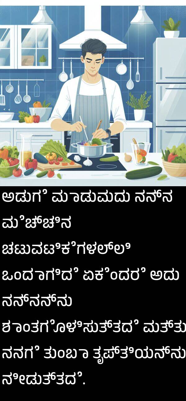 ಮೆಚ್ಚಿನ: ಅಡುಗೆ ಮಾಡುವುದು ನನ್ನ ಮೆಚ್ಚಿನ ಚಟುವಟಿಕೆಗಳಲ್ಲಿ ಒಂದಾಗಿದೆ ಏಕೆಂದರೆ ಅದು ನನ್ನನ್ನು ಶಾಂತಗೊಳಿಸುತ್ತದೆ ಮತ್ತು ನನಗೆ ತುಂಬಾ ತೃಪ್ತಿಯನ್ನು ನೀಡುತ್ತದೆ.