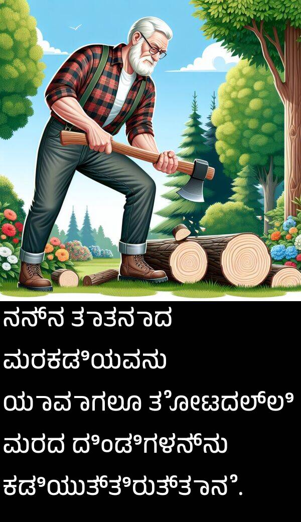 ತೋಟದಲ್ಲಿ: ನನ್ನ ತಾತನಾದ ಮರಕಡಿಯವನು ಯಾವಾಗಲೂ ತೋಟದಲ್ಲಿ ಮರದ ದಿಂಡಿಗಳನ್ನು ಕಡಿಯುತ್ತಿರುತ್ತಾನೆ.