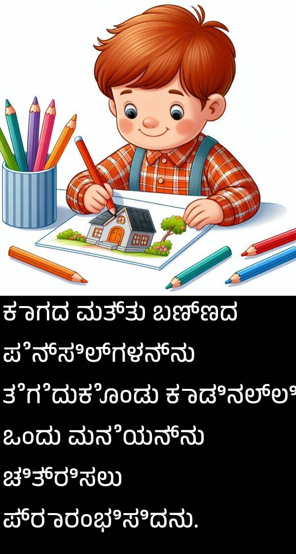 ಕಾಡಿನಲ್ಲಿ: ಕಾಗದ ಮತ್ತು ಬಣ್ಣದ ಪೆನ್ಸಿಲ್‌ಗಳನ್ನು ತೆಗೆದುಕೊಂಡು ಕಾಡಿನಲ್ಲಿ ಒಂದು ಮನೆಯನ್ನು ಚಿತ್ರಿಸಲು ಪ್ರಾರಂಭಿಸಿದನು.
