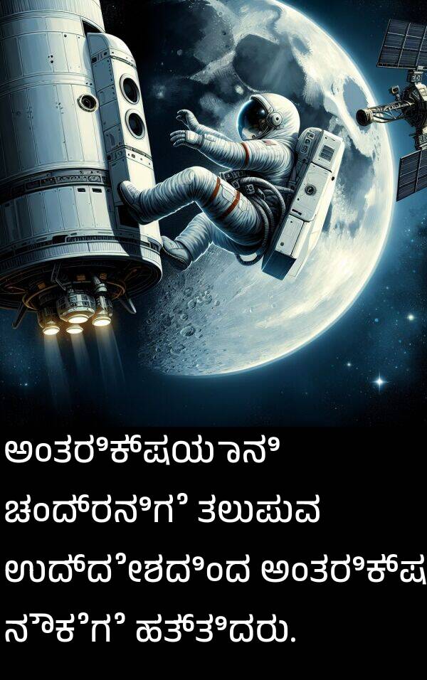 ನೌಕೆಗೆ: ಅಂತರಿಕ್ಷಯಾನಿ ಚಂದ್ರನಿಗೆ ತಲುಪುವ ಉದ್ದೇಶದಿಂದ ಅಂತರಿಕ್ಷ ನೌಕೆಗೆ ಹತ್ತಿದರು.