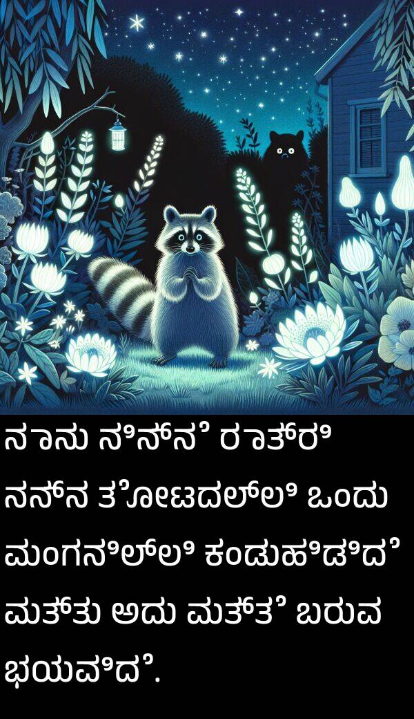 ನಿನ್ನೆ: ನಾನು ನಿನ್ನೆ ರಾತ್ರಿ ನನ್ನ ತೋಟದಲ್ಲಿ ಒಂದು ಮಂಗನಿಲ್ಲಿ ಕಂಡುಹಿಡಿದೆ ಮತ್ತು ಅದು ಮತ್ತೆ ಬರುವ ಭಯವಿದೆ.