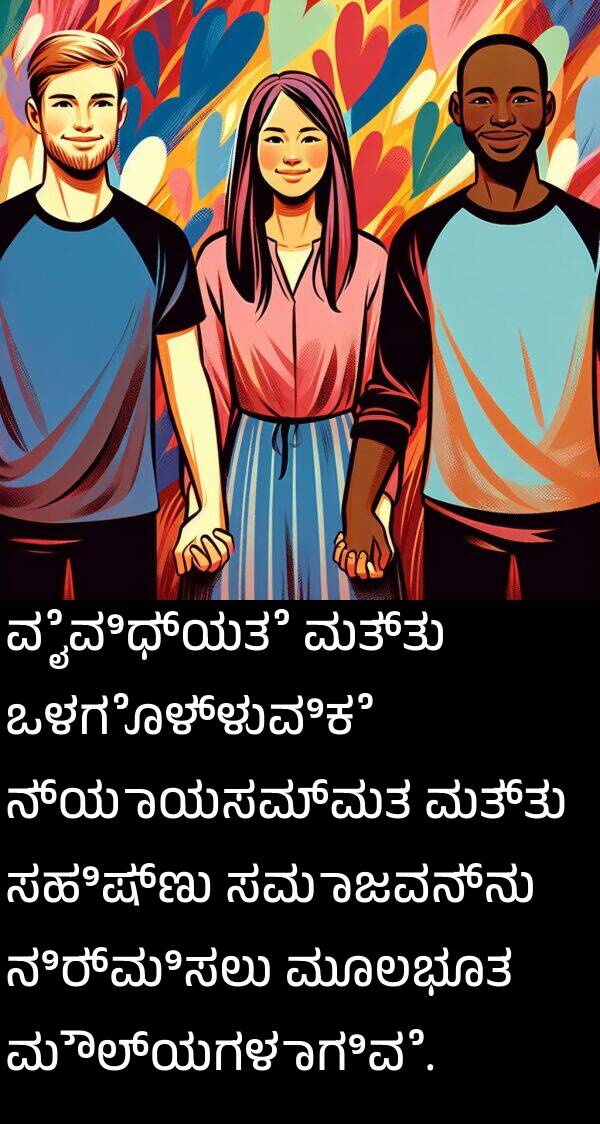 ಒಳಗೊಳ್ಳುವಿಕೆ: ವೈವಿಧ್ಯತೆ ಮತ್ತು ಒಳಗೊಳ್ಳುವಿಕೆ ನ್ಯಾಯಸಮ್ಮತ ಮತ್ತು ಸಹಿಷ್ಣು ಸಮಾಜವನ್ನು ನಿರ್ಮಿಸಲು ಮೂಲಭೂತ ಮೌಲ್ಯಗಳಾಗಿವೆ.