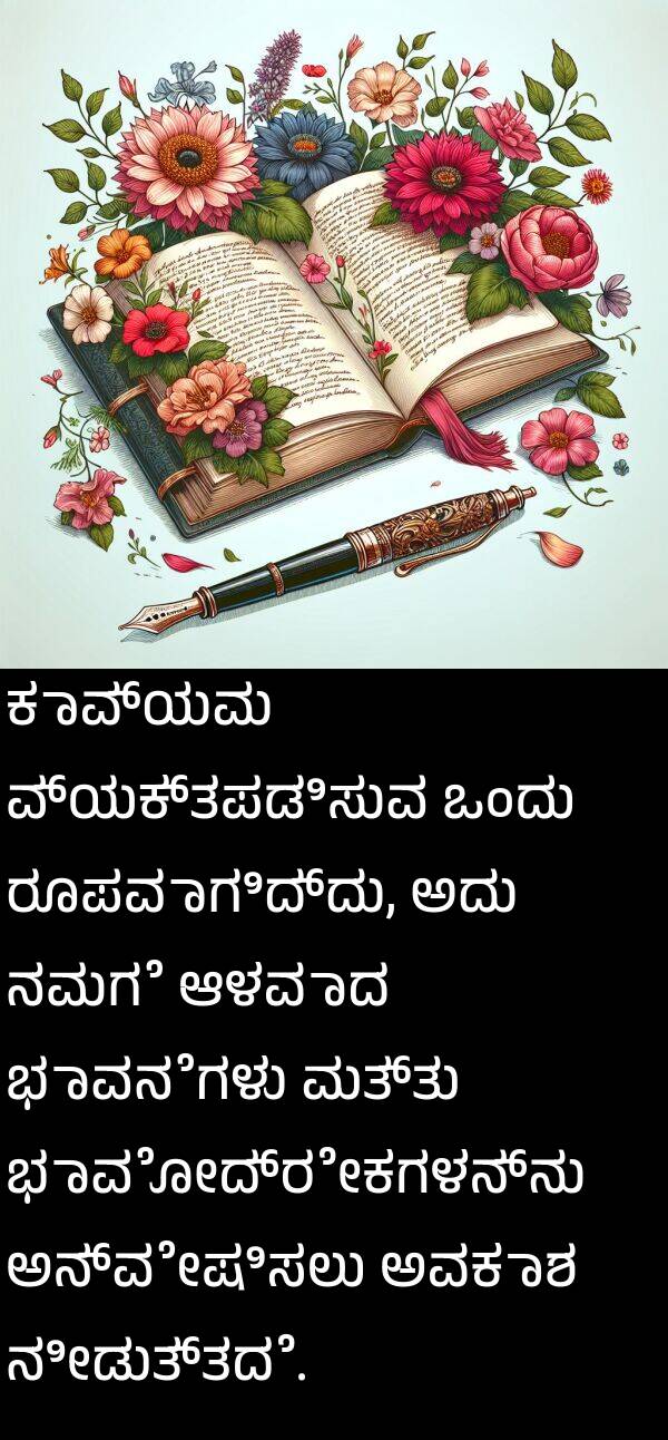 ರೂಪವಾಗಿದ್ದು: ಕಾವ್ಯವು ವ್ಯಕ್ತಪಡಿಸುವ ಒಂದು ರೂಪವಾಗಿದ್ದು, ಅದು ನಮಗೆ ಆಳವಾದ ಭಾವನೆಗಳು ಮತ್ತು ಭಾವೋದ್ರೇಕಗಳನ್ನು ಅನ್ವೇಷಿಸಲು ಅವಕಾಶ ನೀಡುತ್ತದೆ.