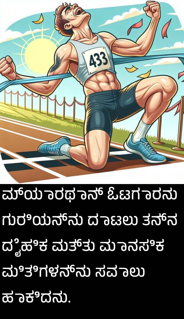 ಓಟಗಾರನು: ಮ್ಯಾರಥಾನ್ ಓಟಗಾರನು ಗುರಿಯನ್ನು ದಾಟಲು ತನ್ನ ದೈಹಿಕ ಮತ್ತು ಮಾನಸಿಕ ಮಿತಿಗಳನ್ನು ಸವಾಲು ಹಾಕಿದನು.