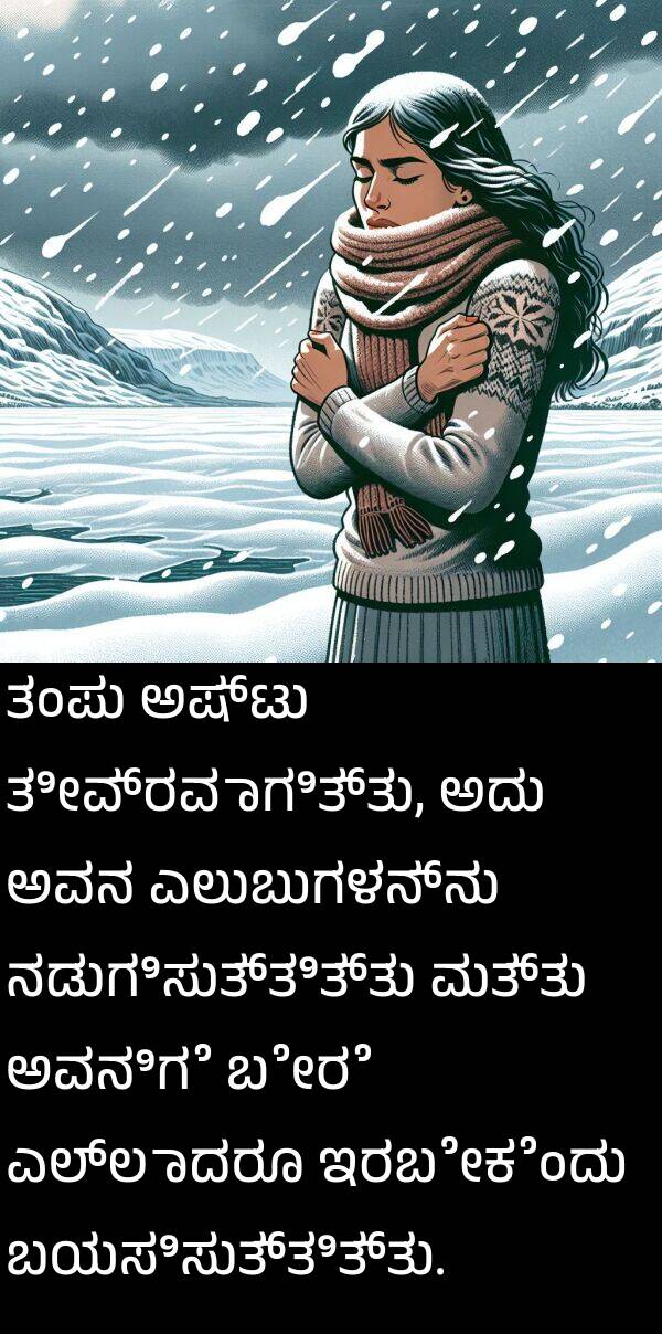 ಇರಬೇಕೆಂದು: ತಂಪು ಅಷ್ಟು ತೀವ್ರವಾಗಿತ್ತು, ಅದು ಅವನ ಎಲುಬುಗಳನ್ನು ನಡುಗಿಸುತ್ತಿತ್ತು ಮತ್ತು ಅವನಿಗೆ ಬೇರೆ ಎಲ್ಲಾದರೂ ಇರಬೇಕೆಂದು ಬಯಸಿಸುತ್ತಿತ್ತು.