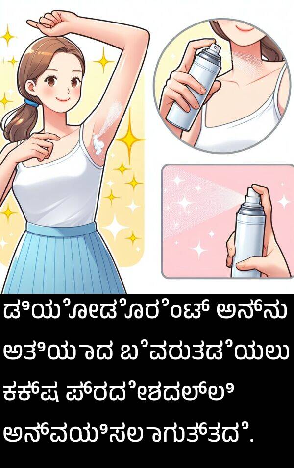 ಪ್ರದೇಶದಲ್ಲಿ: ಡಿಯೋಡೊರೆಂಟ್ ಅನ್ನು ಅತಿಯಾದ ಬೆವರುತಡೆಯಲು ಕಕ್ಷ ಪ್ರದೇಶದಲ್ಲಿ ಅನ್ವಯಿಸಲಾಗುತ್ತದೆ.