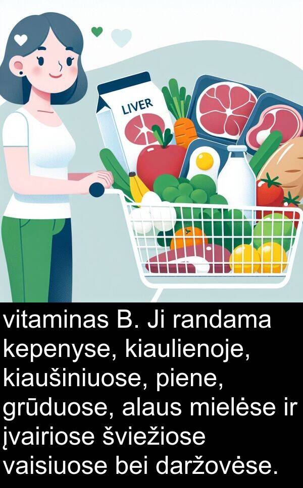 vaisiuose: vitaminas B. Ji randama kepenyse, kiaulienoje, kiaušiniuose, piene, grūduose, alaus mielėse ir įvairiose šviežiose vaisiuose bei daržovėse.