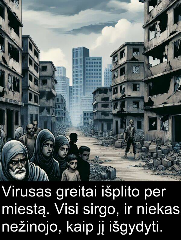 niekas: Virusas greitai išplito per miestą. Visi sirgo, ir niekas nežinojo, kaip jį išgydyti.