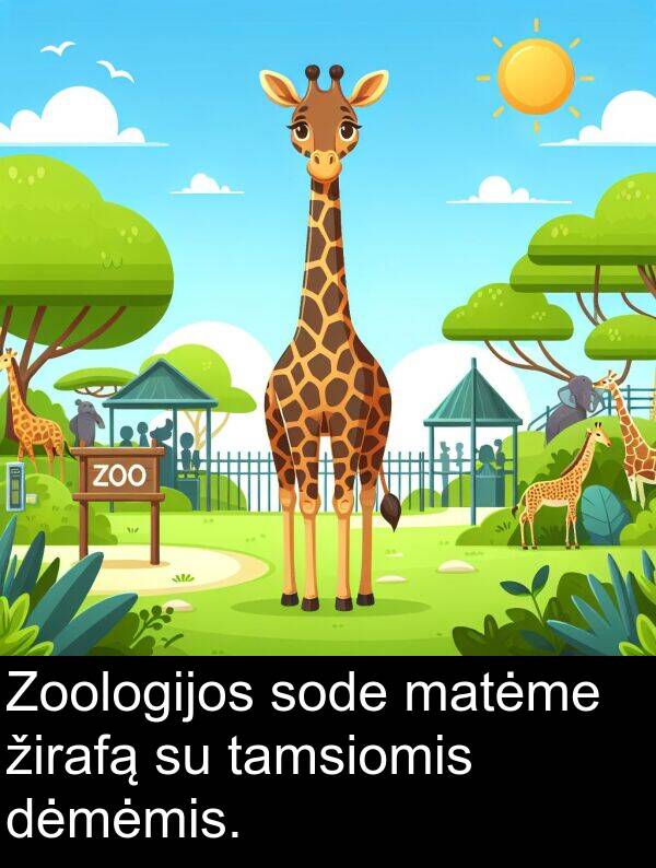 tamsiomis: Zoologijos sode matėme žirafą su tamsiomis dėmėmis.