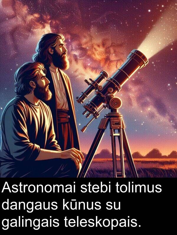 dangaus: Astronomai stebi tolimus dangaus kūnus su galingais teleskopais.