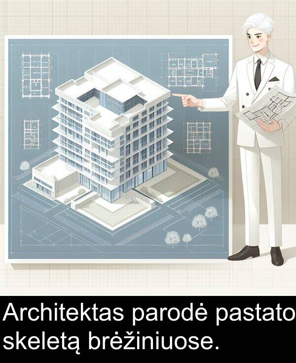 brėžiniuose: Architektas parodė pastato skeletą brėžiniuose.