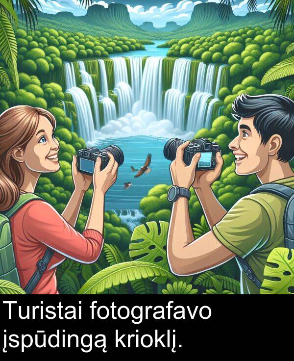 įspūdingą: Turistai fotografavo įspūdingą krioklį.