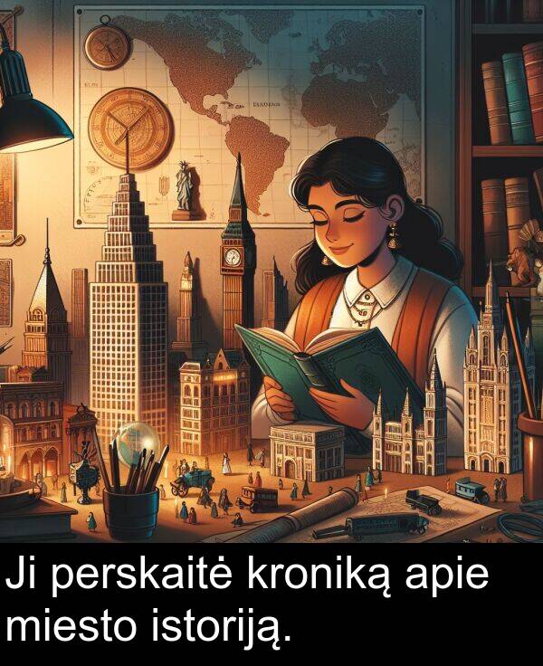 miesto: Ji perskaitė kroniką apie miesto istoriją.