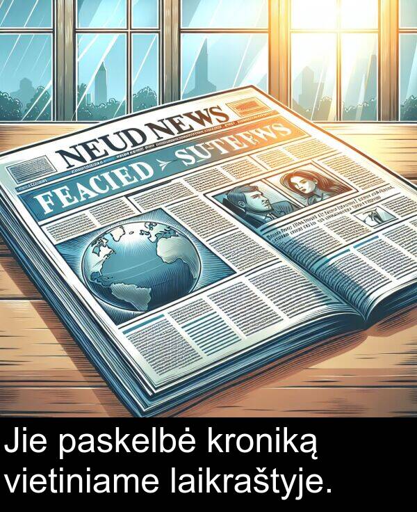 laikraštyje: Jie paskelbė kroniką vietiniame laikraštyje.