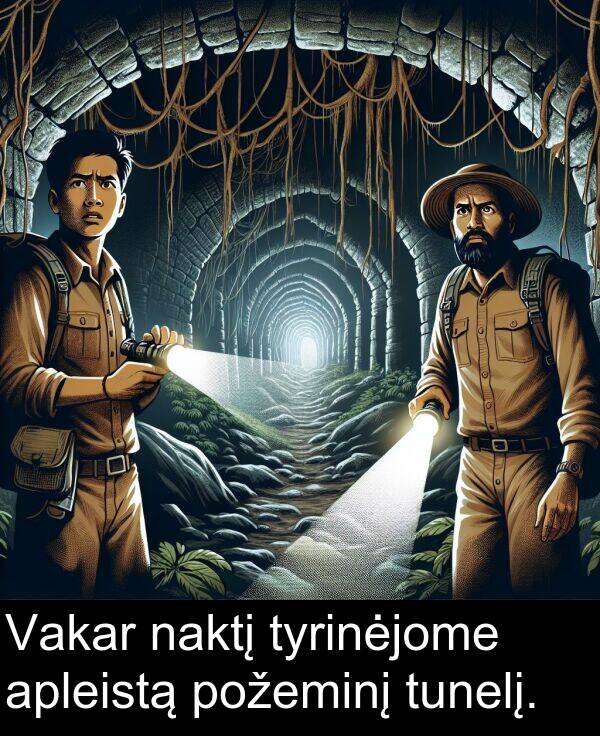 naktį: Vakar naktį tyrinėjome apleistą požeminį tunelį.