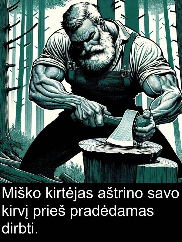 kirtėjas: Miško kirtėjas aštrino savo kirvį prieš pradėdamas dirbti.