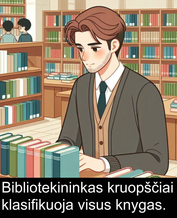 klasifikuoja: Bibliotekininkas kruopščiai klasifikuoja visus knygas.