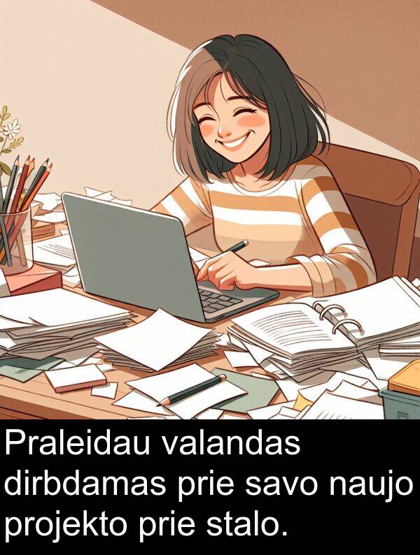 prie: Praleidau valandas dirbdamas prie savo naujo projekto prie stalo.