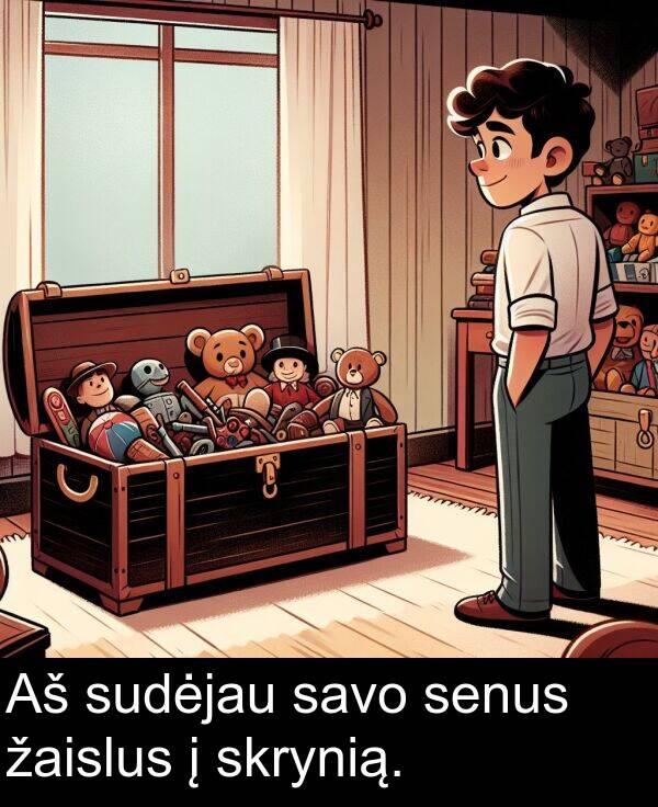 žaislus: Aš sudėjau savo senus žaislus į skrynią.