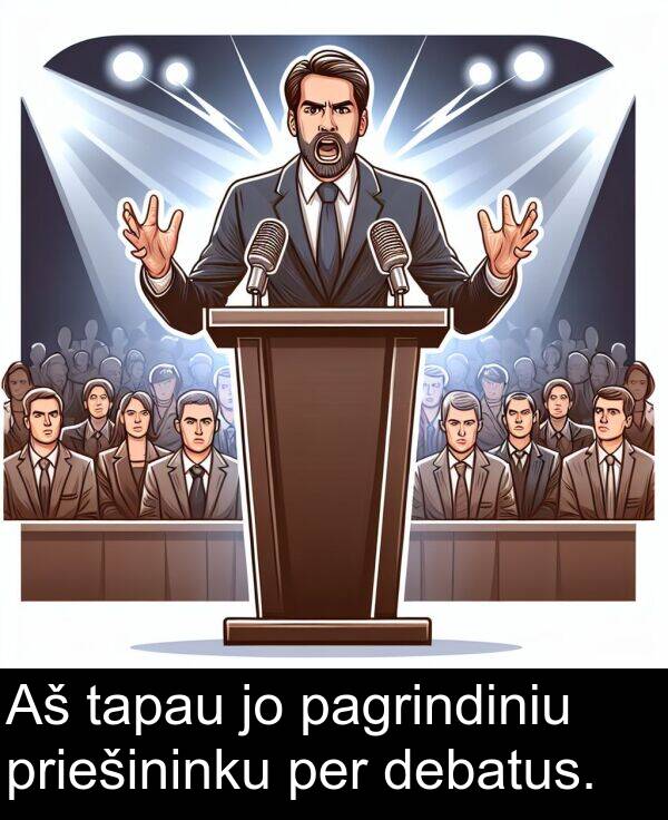 tapau: Aš tapau jo pagrindiniu priešininku per debatus.