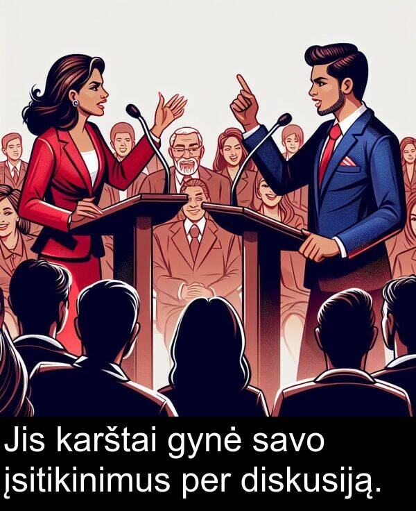 karštai: Jis karštai gynė savo įsitikinimus per diskusiją.