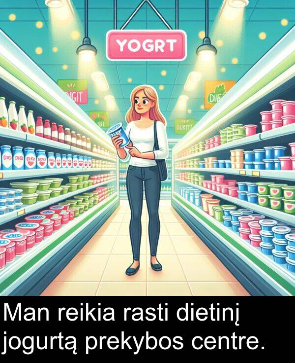 centre: Man reikia rasti dietinį jogurtą prekybos centre.