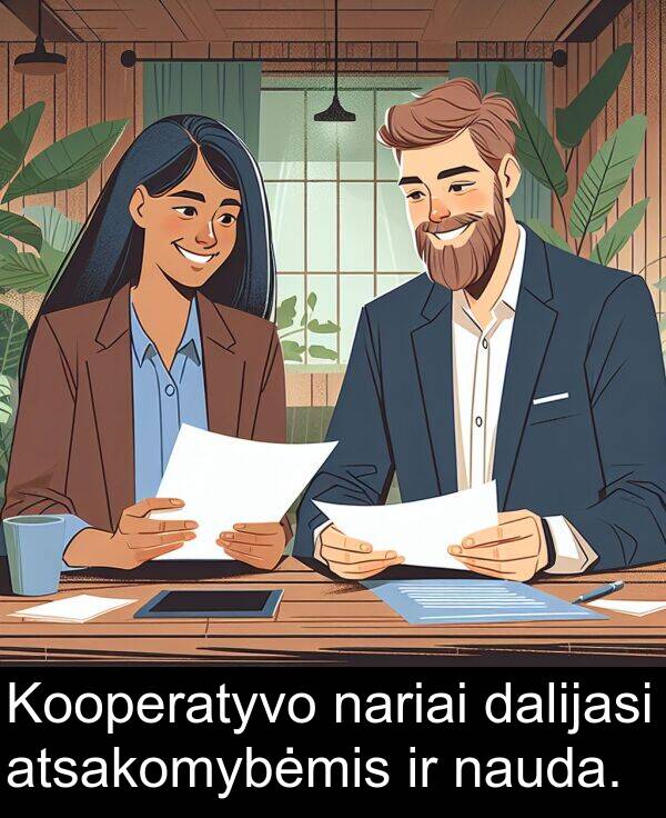 nariai: Kooperatyvo nariai dalijasi atsakomybėmis ir nauda.
