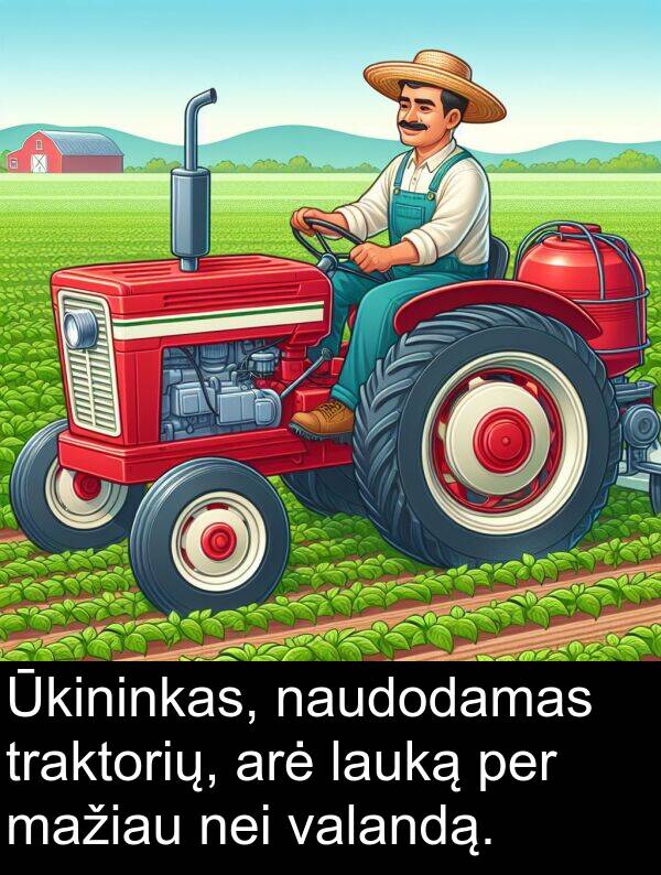 naudodamas: Ūkininkas, naudodamas traktorių, arė lauką per mažiau nei valandą.