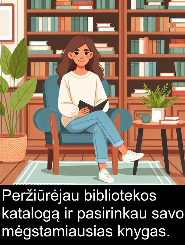 pasirinkau: Peržiūrėjau bibliotekos katalogą ir pasirinkau savo mėgstamiausias knygas.