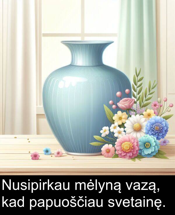 svetainę: Nusipirkau mėlyną vazą, kad papuoščiau svetainę.